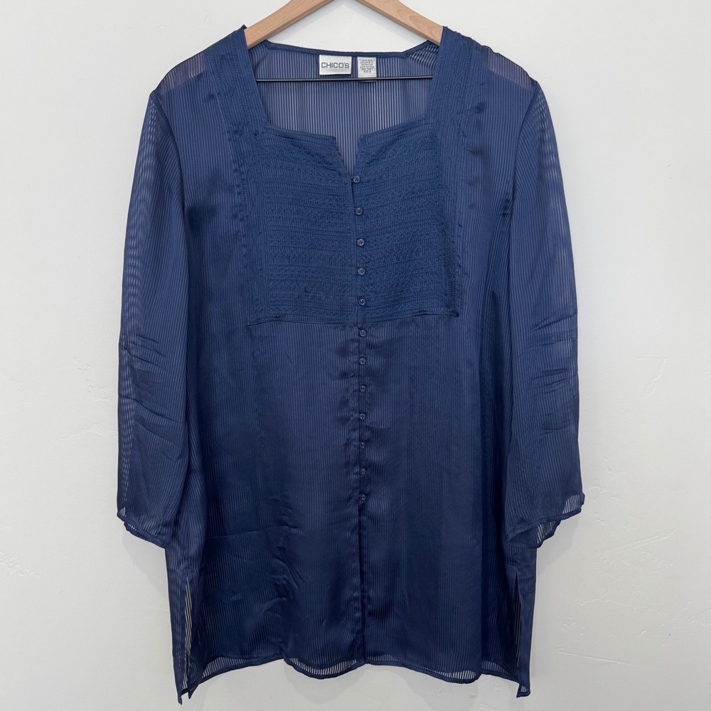 Chicos 100% Silk Navy Blue Sheer Striped Embroidered Tunic Blouse Chic XL Size 3